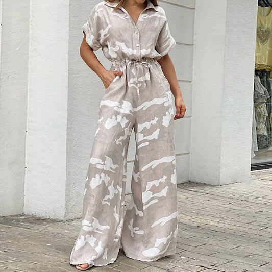 Casual Fashion Print Lace-Up Straight Jumpsuit